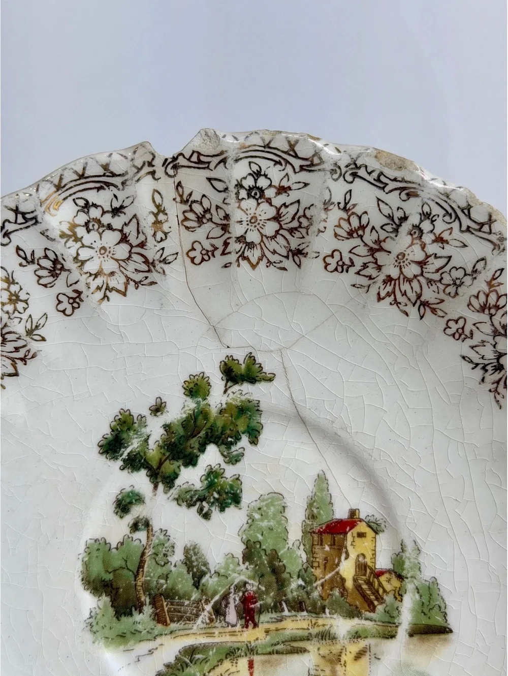 Vintage American Limoges Chateau France 22K Gold Scenic Bowl 6” 1K-S518